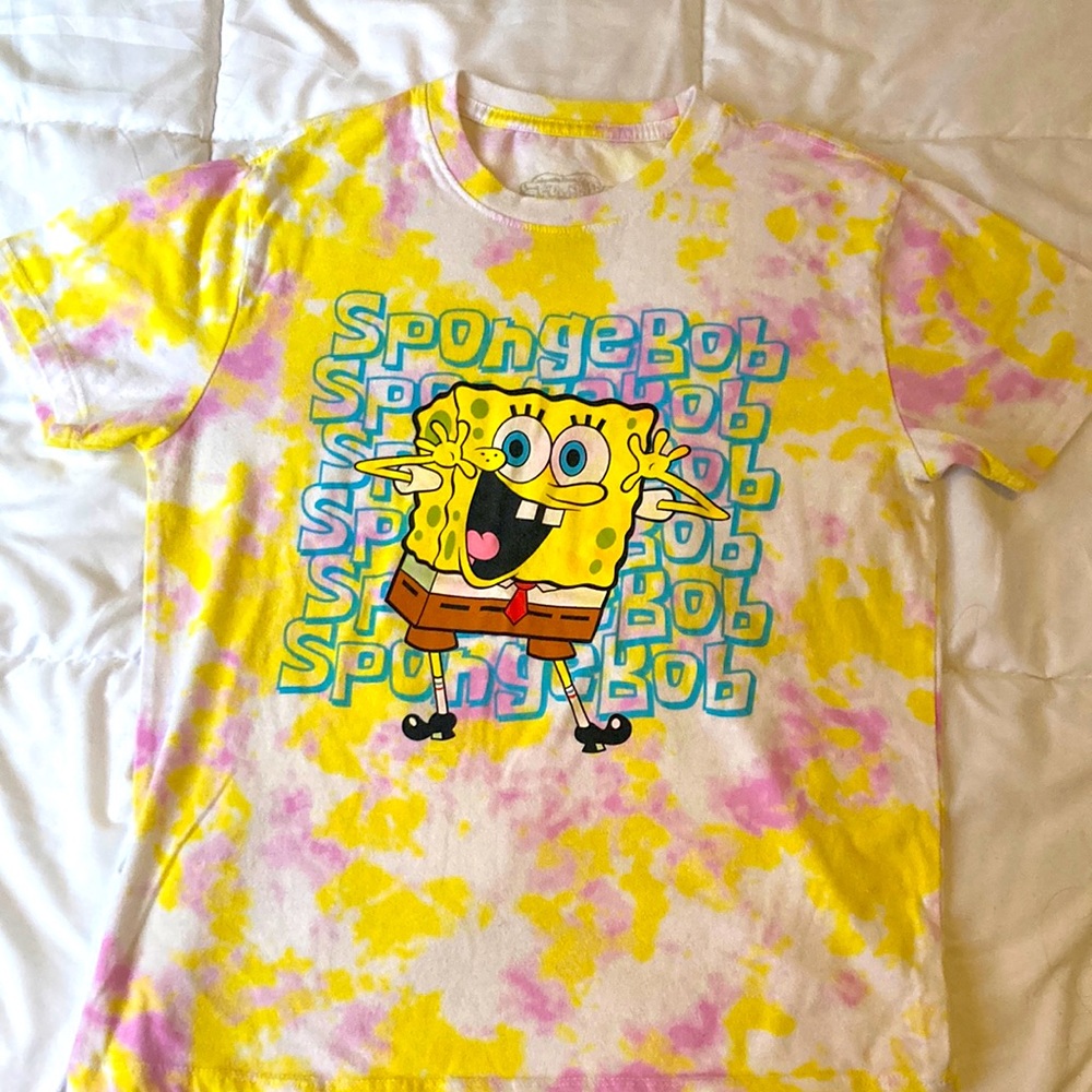 SpongeBob yellow,white,and pink tie die tee